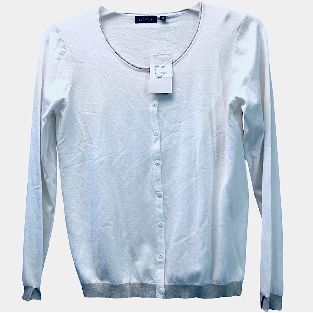 Over coat white sweater • BENANCY • White cardigan Button Down Sweater